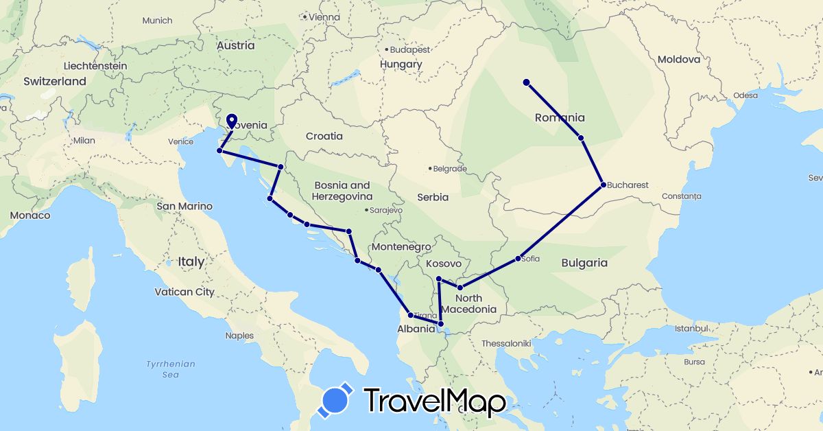 TravelMap itinerary: driving in Albania, Bosnia and Herzegovina, Bulgaria, Croatia, Montenegro, Macedonia, Romania, Slovenia, Kosovo (Europe)